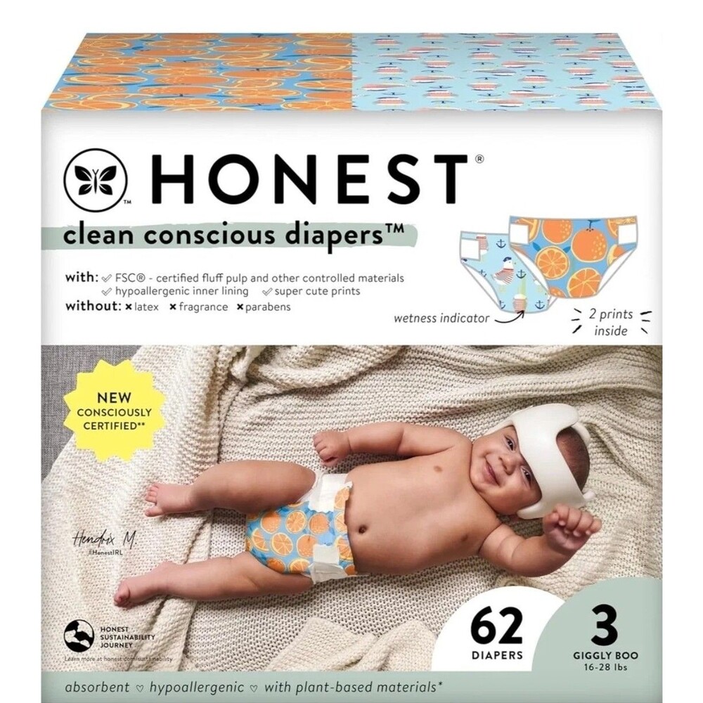 Honest Company 62 Pack Clean Conscious 2 Prints In Box Unisex Size 3 Diapers